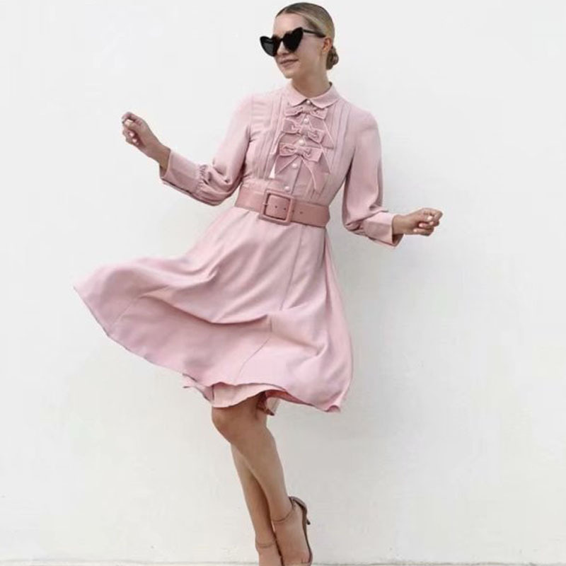

Autumn Suit-dress Lapel Long Sleeve Bow Long Pink Colour Dress