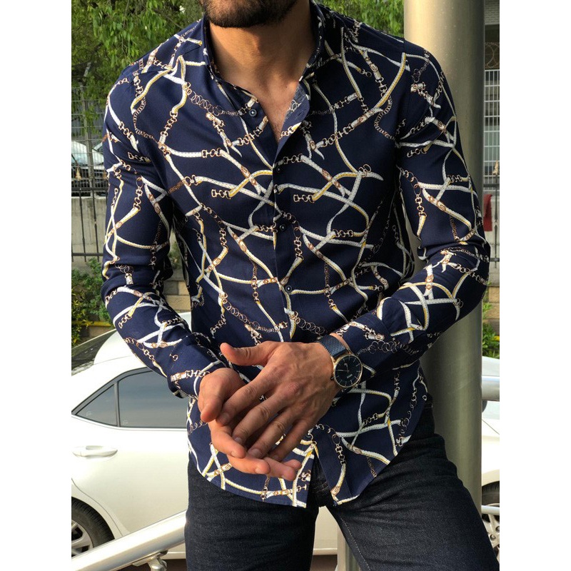 

fashion men shirt 2019 autumn new digital printed hip hop men casual shirts slim fit vintage shirt, Yellow