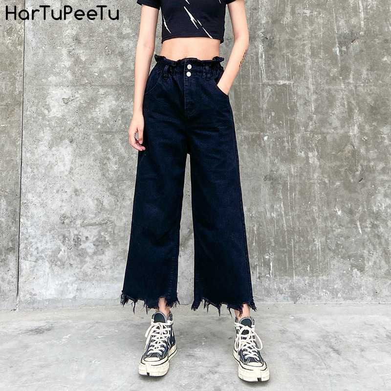 

Jeans Women Elastic High Waist Plus Size Black Wide Leg Denim Pants 2020 Summer Cropped Tear Bottom Loose Casual Fit Trousers
