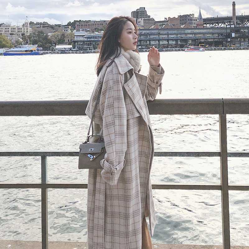 

2020New Plaid Woolen Vintage Winter Coat Retro Classic Lapel Women's Winter Coats Long Sleeves of Elegant Woman Plus Size Coat, Blue