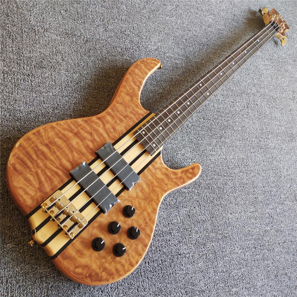 

Rare Ken Smith 4 Strings Natural Quilted Maple Top Electric Bass Guitar Active Wires & 9V Battery Box, 5 ply Sandwich Neck, Gold Hardware