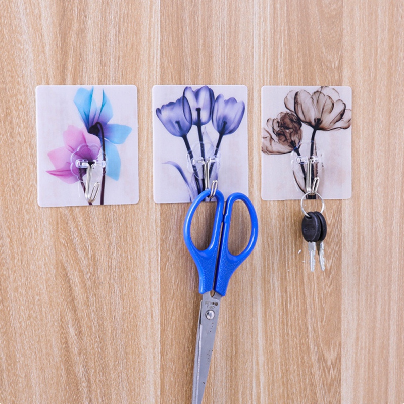 

4PCS Key Holder Wall Household Unique Printing Door Hook Free Punching No Trace Door Hook Adhesive