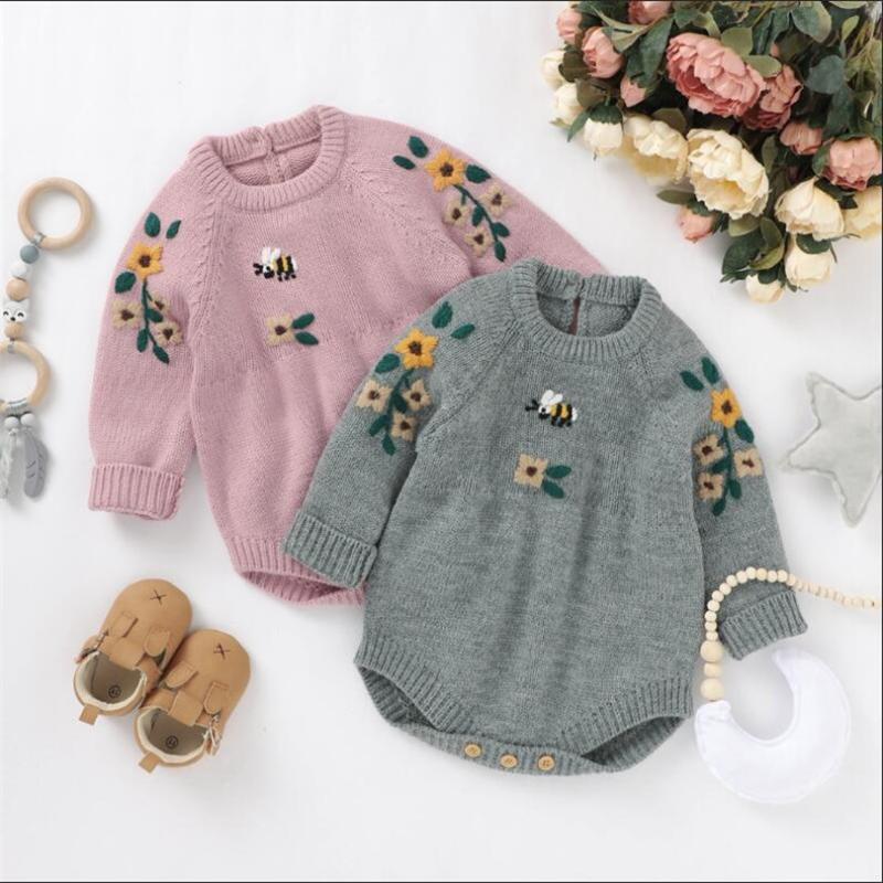 

Knitted Baby Clothes Newborn Baby Romper Autumn Winter Girl Romper Cotton Flower Sweater Boy Jumpsuits, Gray