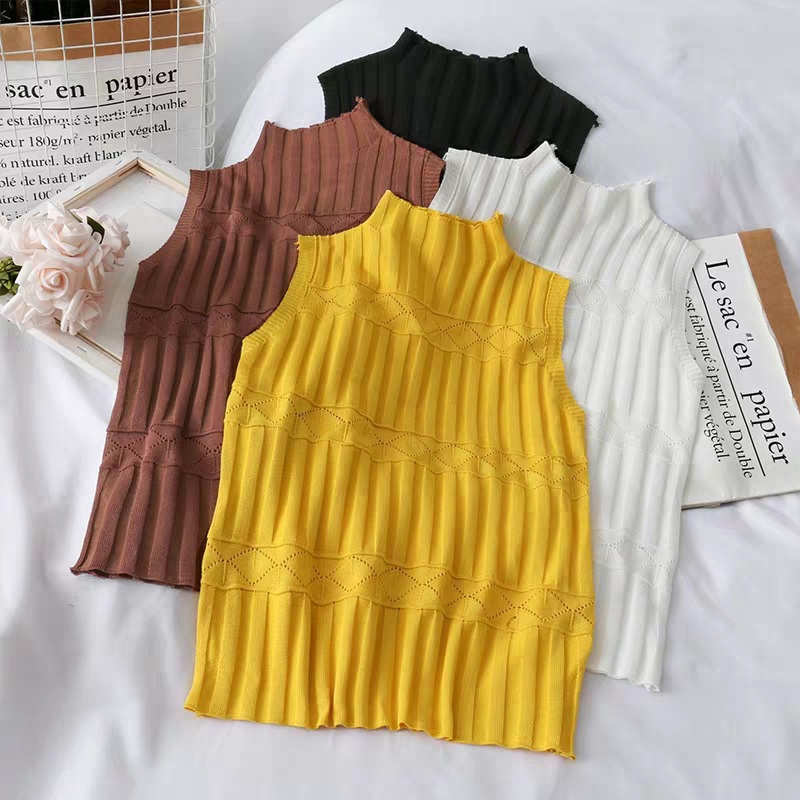 

New Arrival Solid Color Knit Bottoming Vest Sexy Slim Fit High Collar Sleeveless Pullover Casual Hollow Out Tank Tops For Women, Black