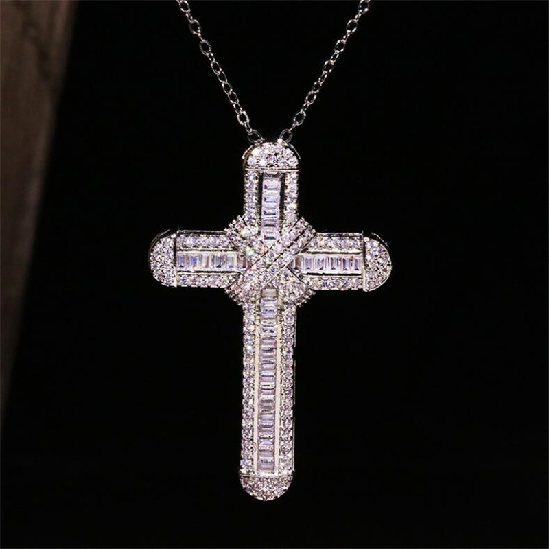 

Top Selling Luxury Jewelry 925 Sterling Silver Handmade Full White Sapphire CZ Diamond Gemstones Cross Pendant Women Wedding Necklace Gift