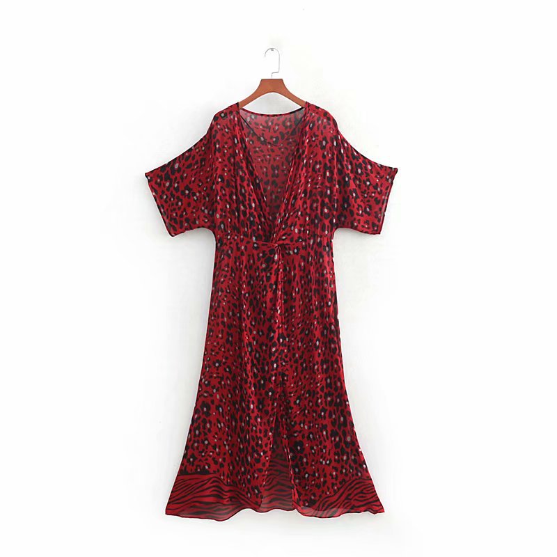 

Chiffon Leopard Long Blouse Bow Tie Animal Pattern Short Sleeve Shirts See Through Female Red Casual Top Blusas, As picture
