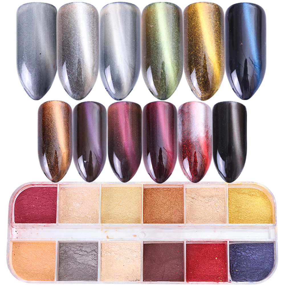 

12 Colors 3D Cat Eye Nail Glitter Powder Magnet Pigment Powder Kit Nail Art Red Blue Yellow Cat Eye Effect Manicure Tool