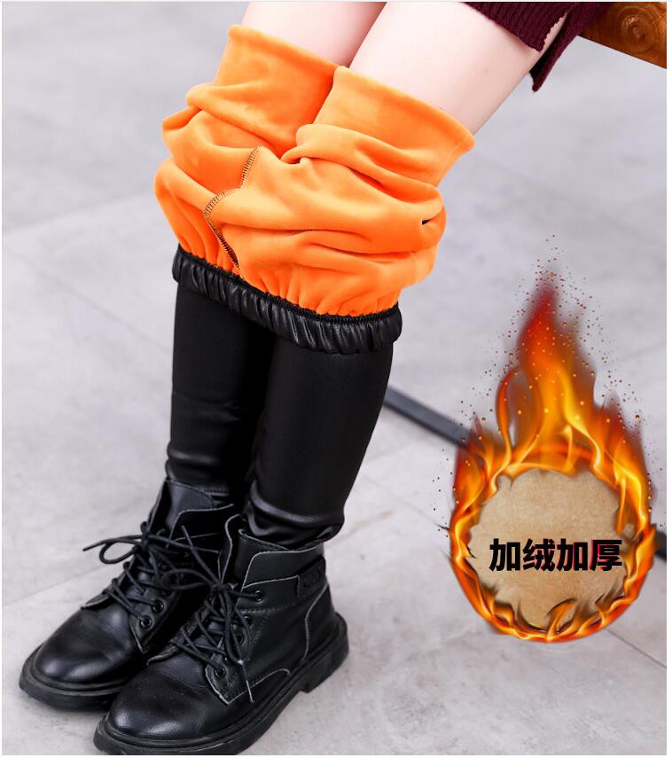 

Girls Winter Leggings Kids Autumn Warm Thick Mid Elastic Skinny Full Pencil Pants female Solid Faux Leather Trousers FYY 001-1, Wine red