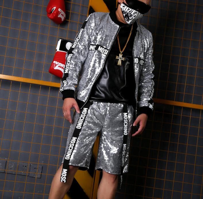 

jacket men casual clothes mens jackets and coats Silver sequin ribbon collage shiny baseball uniform hombre casaco masculino, Only short pants