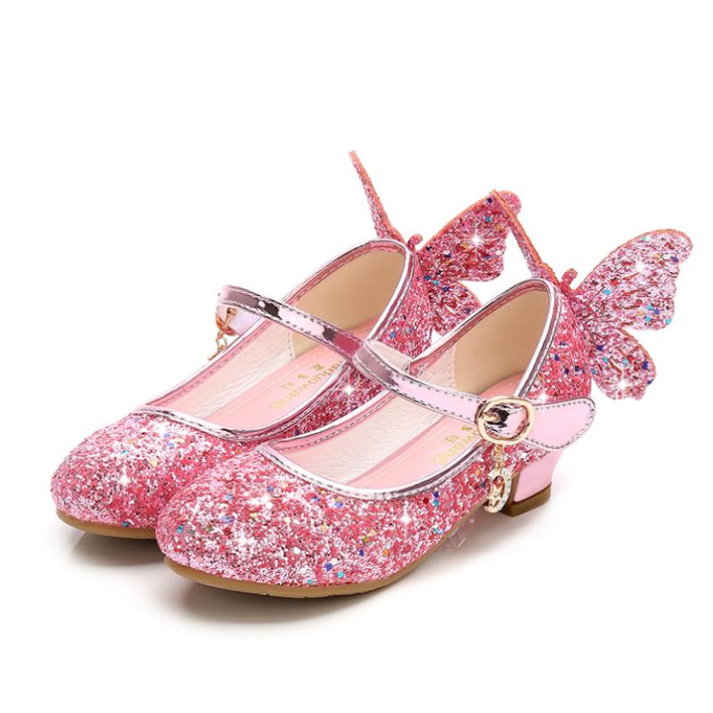 

Girls Sandals Rhinestone Butterfly Latin Dance Kids Shoes Children High Heel Princess Shoes Glitter Leather Party Dress Wedding, Gold 1