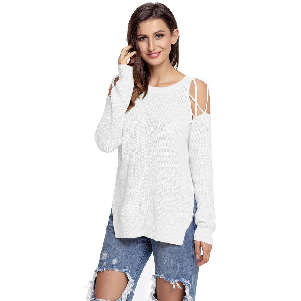 

New Ribbed Knit Long Sleeve Sweater Fashion Sexy Round Neck Off-shoulder Hem Split Women's Sweater Winter Clothes Women Tops, Black