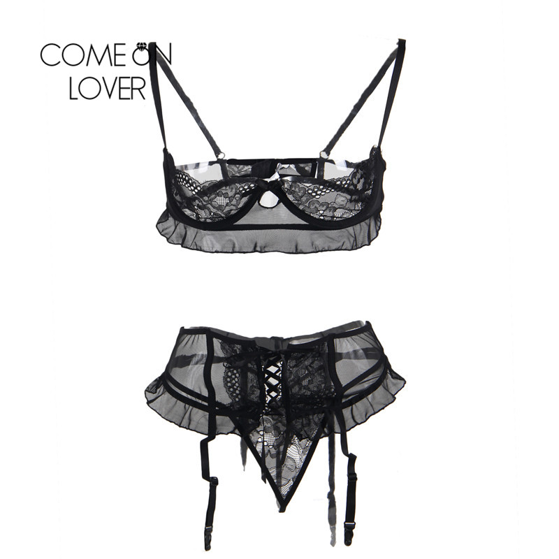 

Comeonlover Lenceria Erotica Jartiyer Sexy Set Exotic Nightwear Black Lace 3 Piece Open Crotch Plus Sexy Bra Open Cup RI80512
