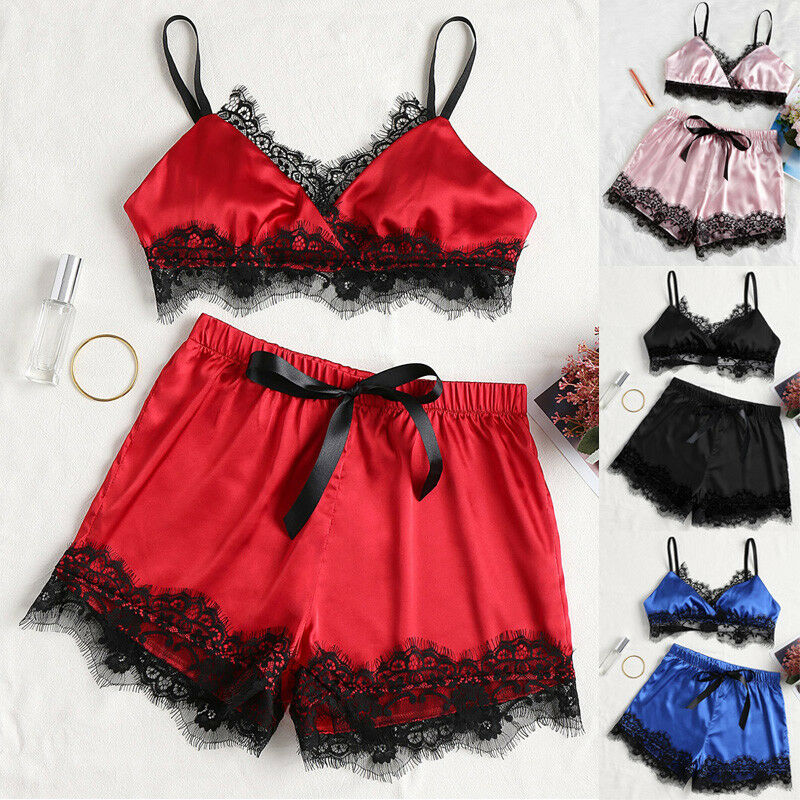

2PCS Women Sexy-Lingerie Sleepwear Satin Babydoll Lace Robes Sleep Pajamas Set Sexy Bikini Cover Up