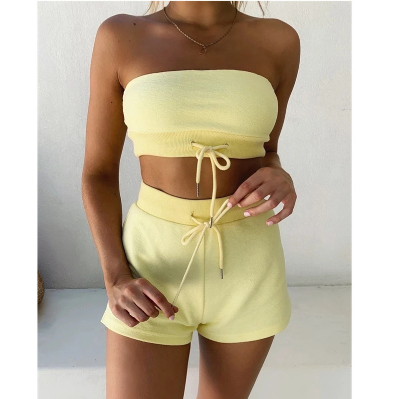 Hirigin Femmes Deux pièces Tenues Ensemble Sexy Cordons Enveloppés Sans Manches Haut Court Shorts Sport Décontracté Grande Taille Ensemble De Vêt