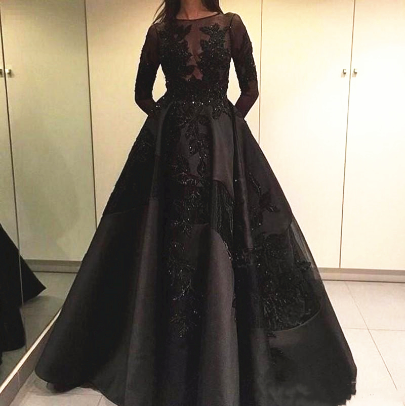 

Black Evening Dresses Long Sleeve Small Round Neck Sparkly Appliqued Lace Satin A Line Prom Party Gown Custom Made Plus Size, Green