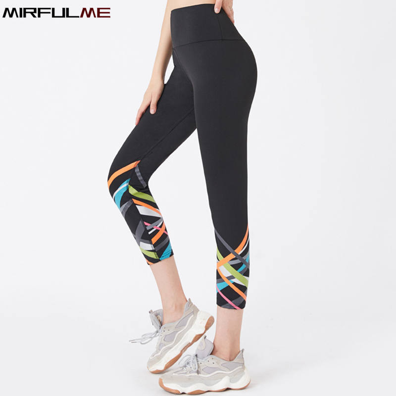 

Sport Leggings Women Cropped Yoga Pant Stripe Print Elastic High Waist Capris 3/4 Running Trouser Female Crop Gym Fitness Tights, 88131-yyfs 02