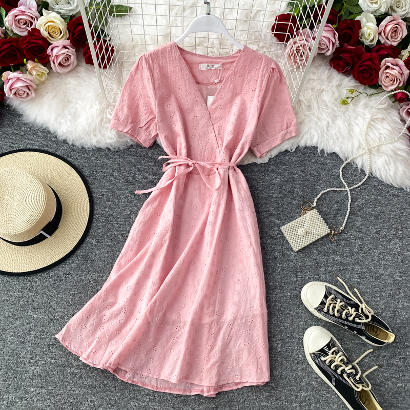 

FMFSSOM Summer Spring Hollow Out Sashes V-Neck Fairies Solid Women Female A-line High Waist Midi Dress, White