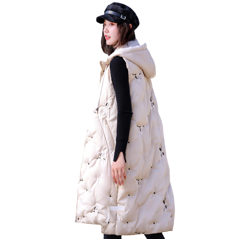 

2020 Autumn Winter Plus Size Sleeveless Jacket Women Waistcoat Hooded Cotton Long Vest Warm Black Down Vest Women Outerwear, Beige