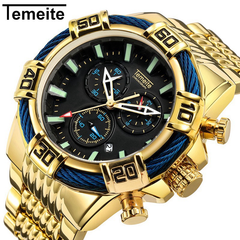 

Top Brand Temeite New Quartz Analog Watches Big Dial Gold Clock Men Business Military Wristwatches Men Relogio Masculino, Gold black