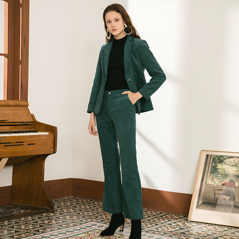 

Women's suit two-piece jacket + pants fashion casual single button corduroy suit boutique new recommended women's set, Green