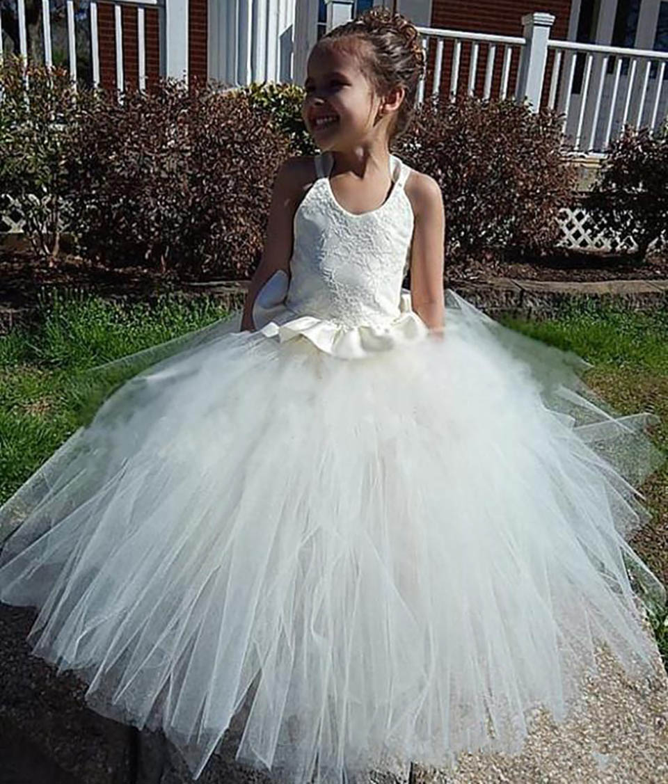 Arrivée Longue manches ouvertes Perles de perles avec arc de bow Little Flower Girls Filles Robes de billes Dentelle Appliques Premières robes de
