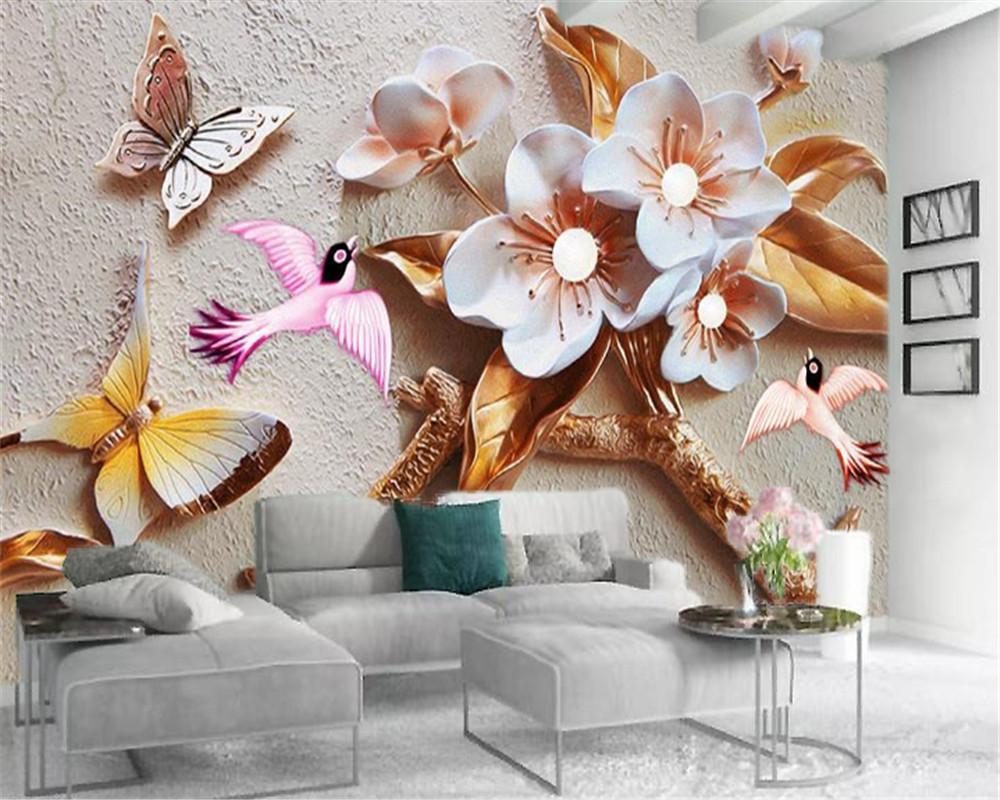 

3d Mural Wallpaper HD 3d Embossed Flowers and Birds Illustration Living Room Bedroom Decoration Mural Wallpaper, As pic