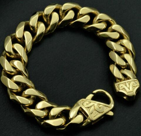 

Cool Top Quality Gold Plated Mens Stainless Steel Curb Cuba Bracelet B154, Black