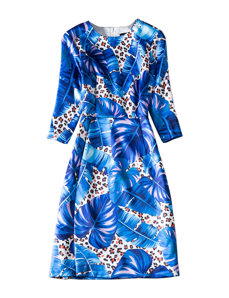 

Leaves Print Women Sheath Dress Round Neck Fashion Dresses 09K1945, As pictures