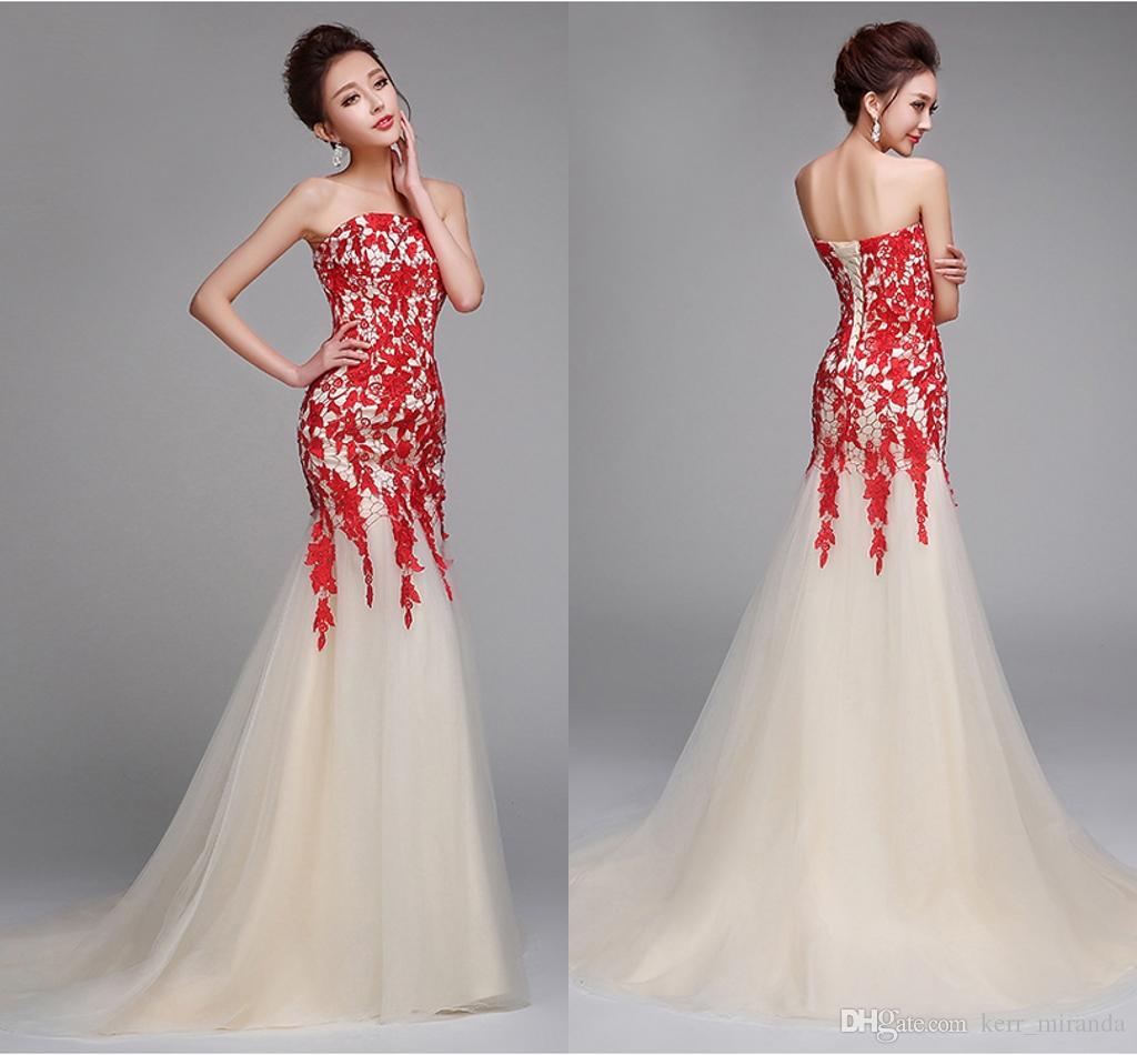 

High Quality New Bra Champagne Long Party Prom Dresses 2020 Fashion Red Lace Fishtail Slim Sleeveless Evening Dresses, Same as picture