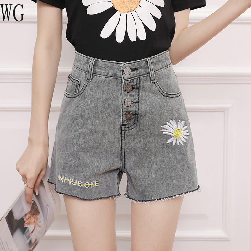 

Fashion Embroidered Denim Shorts New Slim Wide Leg High Waist Jeans Streetwear Plus Size Black Jeans 2020 Summer Women Cotton, Gray