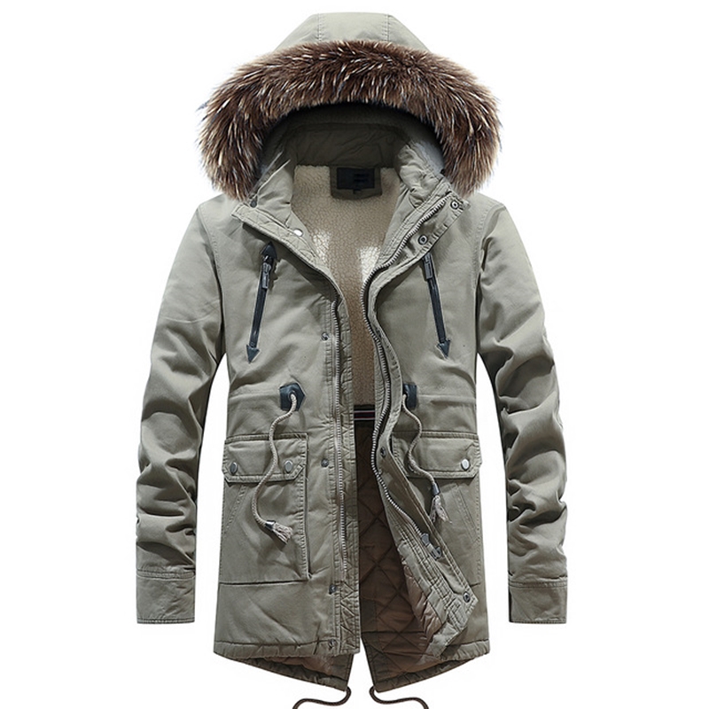 

Hot Winter Long jackets Men Coats Casual Fur Collar Hooded Jacket Parkas Men Outdoor Warm Fleece Thick Cotton Coat Parka, Black