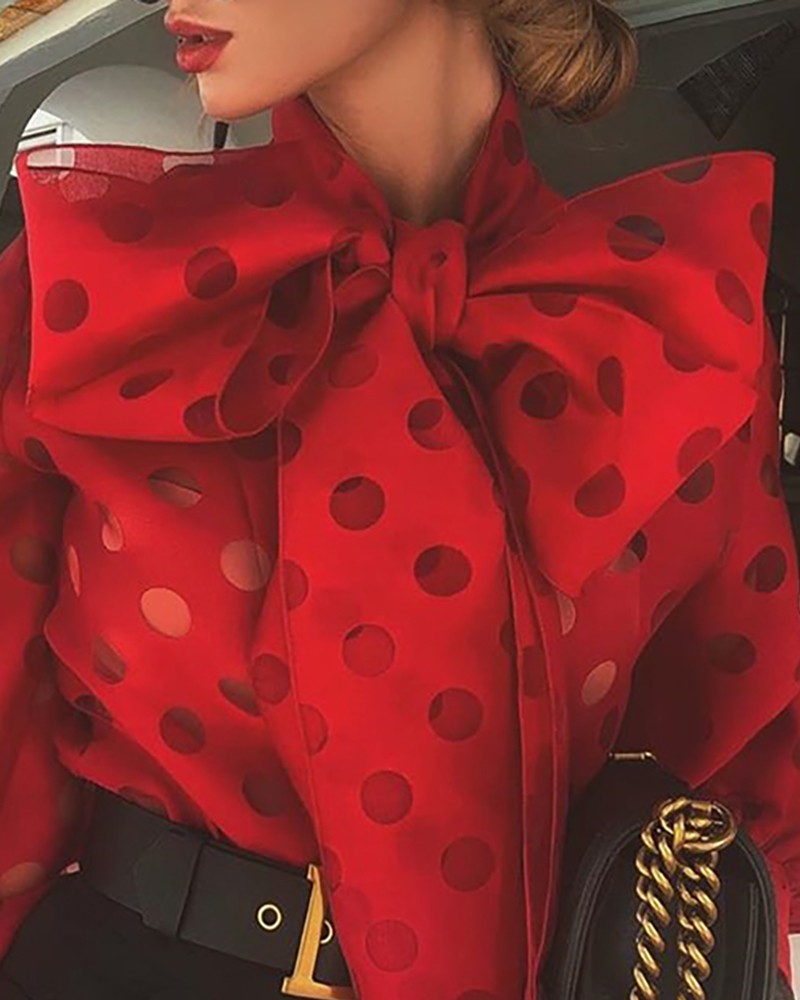 

Solid Dot Hollow Out Lantern Sleeve Knotted Blouse Women Autumn Winter Bowknot Polka Dot Shirt, Black