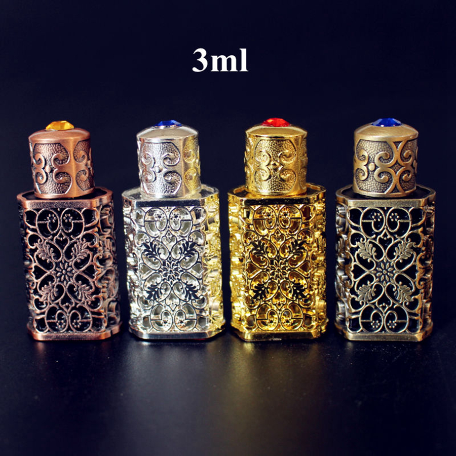 

3ml Antiqued Metal Perfume Bottle Arab Style Alloy Hollow out Essential Oils Bottle Middle East Glass Dropper Bottle 4styles RRA1411