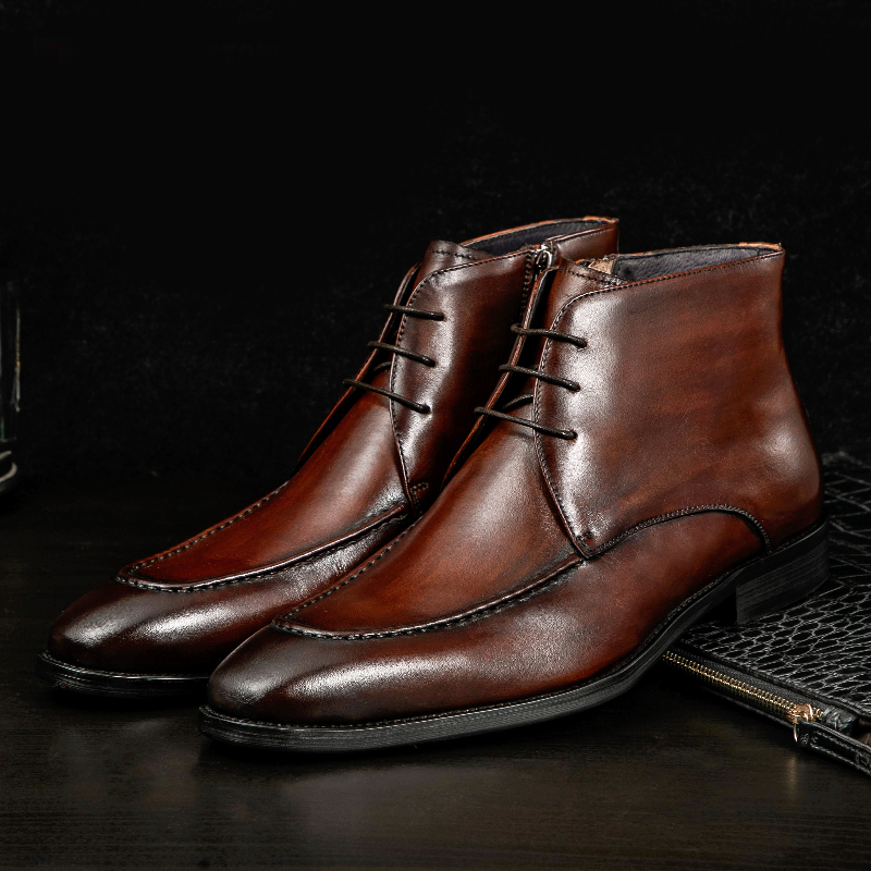 

New Fashion Men Ankle Boots Men Formal Dress Leather Shoes Western Boots Cowboy Lace Up Casual Shoes Brown Black, As picture