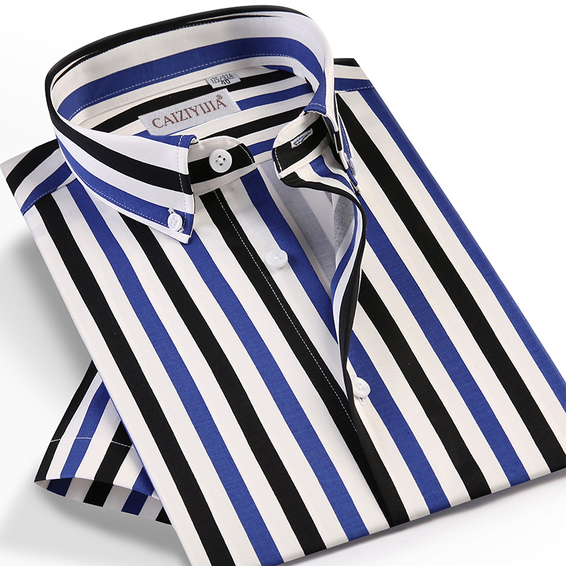 

CAIZIYIJIA Men Summer Clothing Striped Short Sleeve Dress Shirts Casual Standard-fit Square Collar Shirt Fashion Chemise Homme, Czlx5025d