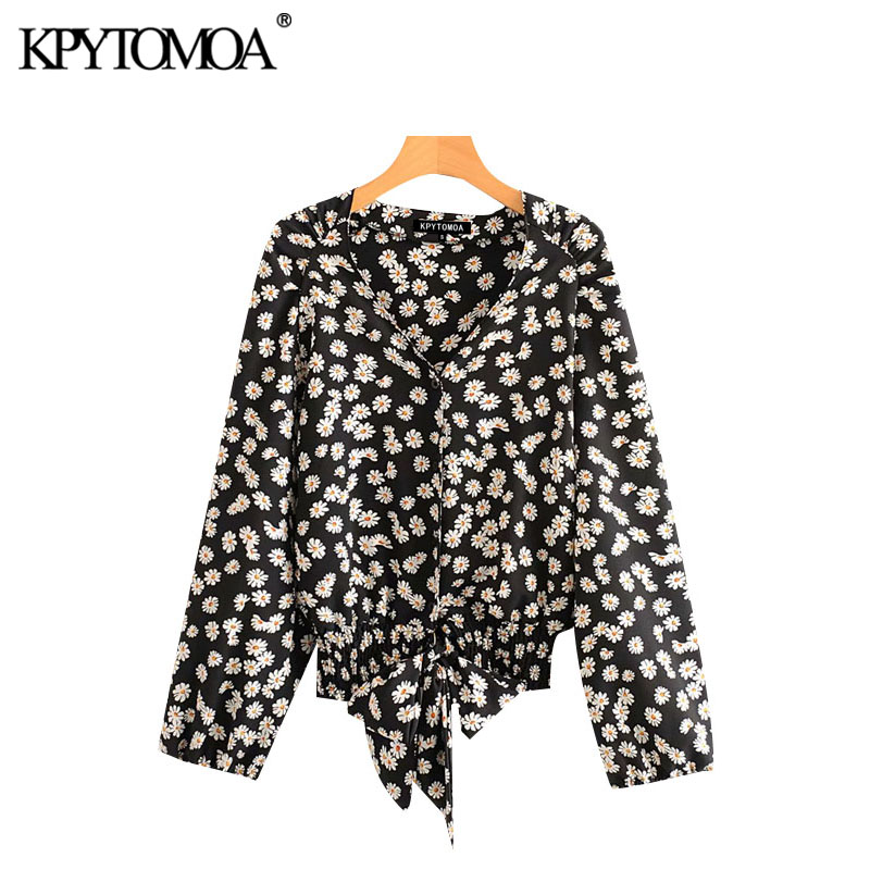 

KPYTOMOA Women 2020 Fashion Floral Print Bow Tied Blouses Vintage Long Sleeve Elastic Waist Female Shirts Blusas Chic Tops, As picture