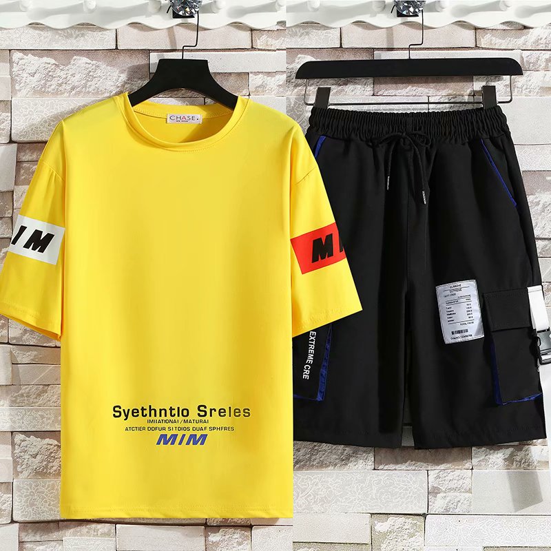 

Summer Men's sports suits Fashion Kpop printing Short sleeve sweat T Shirts Men Tops+Casual Harajuku Jogger sports Men Shorts, Yellow