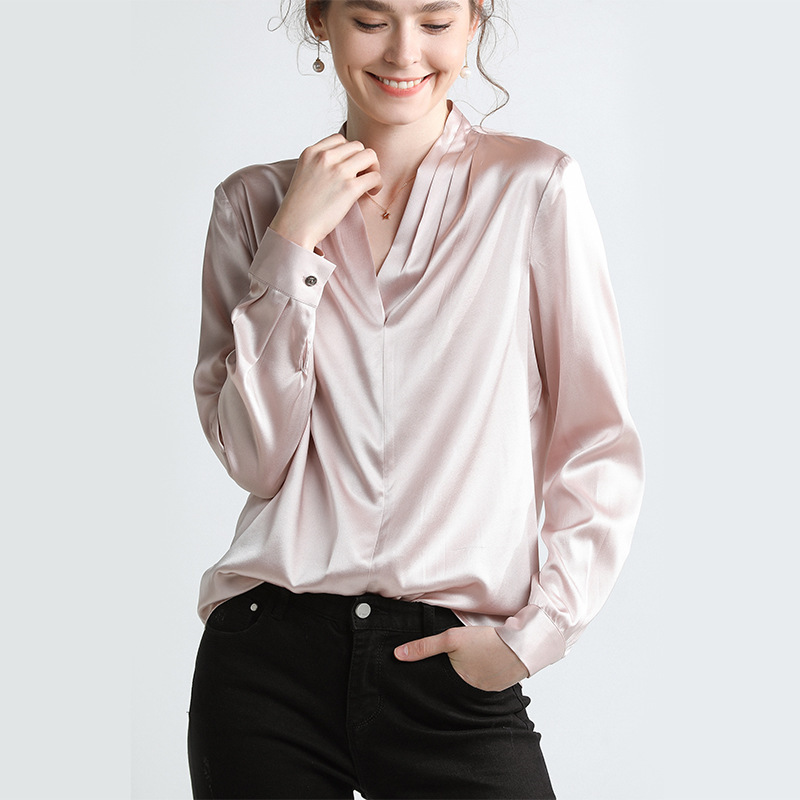 

Spring Silk Blouses Shirts Women 16 Momme 100% Mulberry Silk Long Sleeve Elegant Ladies Office Shirt Female Blusas Camisa Mujer, See chart