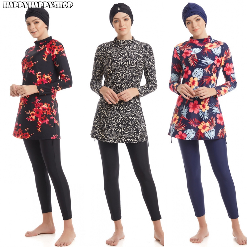 

Women 3 Pieces Sports Sets Printed Floral Full Body Swimsuit Swimwear Plus Size Long Tops And Pants Modesty Burkinis Costumes