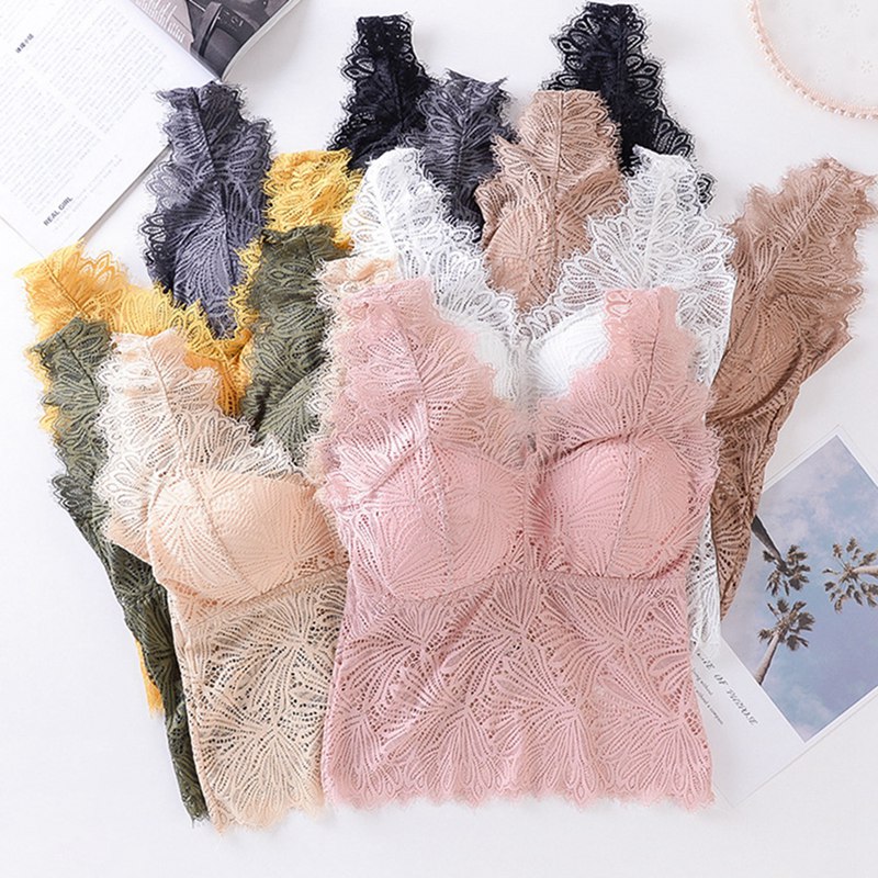 

Women Fashion Wireless Crop Tops Padded Bralette Deep V Lace Bras Summer Crop Top Embroidery Floral Tank Top, Army green