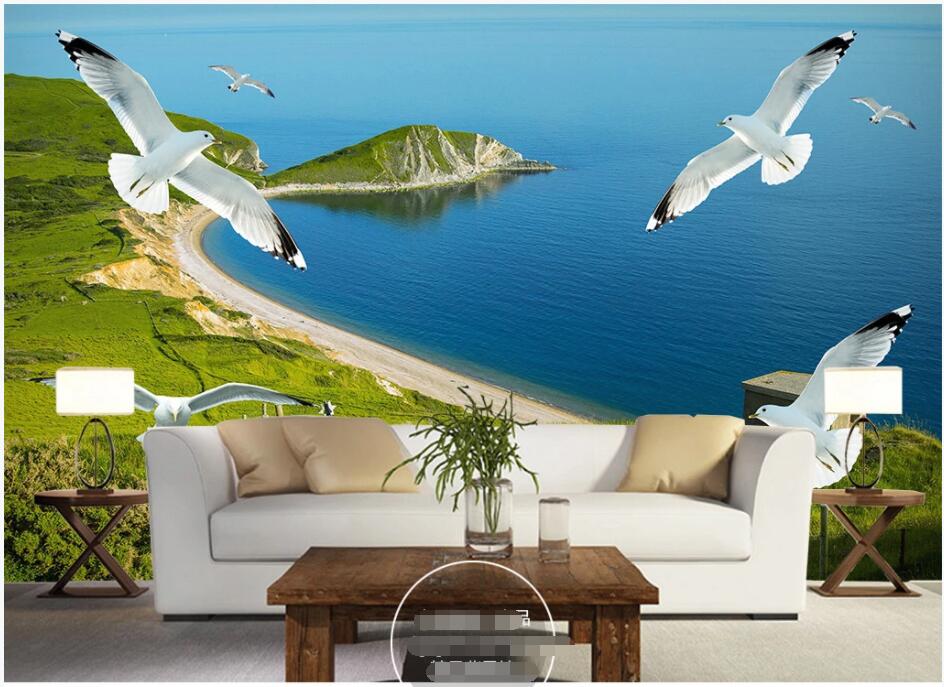

WDBH custom photo 3d wallpaper Seaside grassland island seagull scenery background room home decor 3d wall murals wallpaper for walls 3 d, Non-woven wallpaper