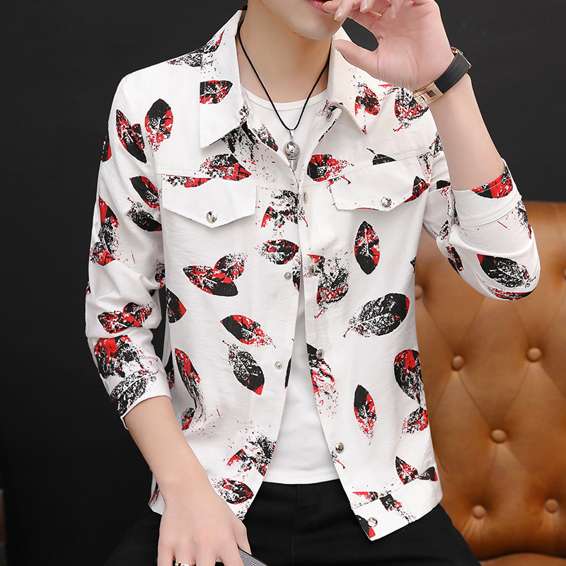 

New Arrival Men's Leaves Pattern Slim Fit Long Sleeve Coat Lapel Casual Jacket Outwear Short Red Black Green E24