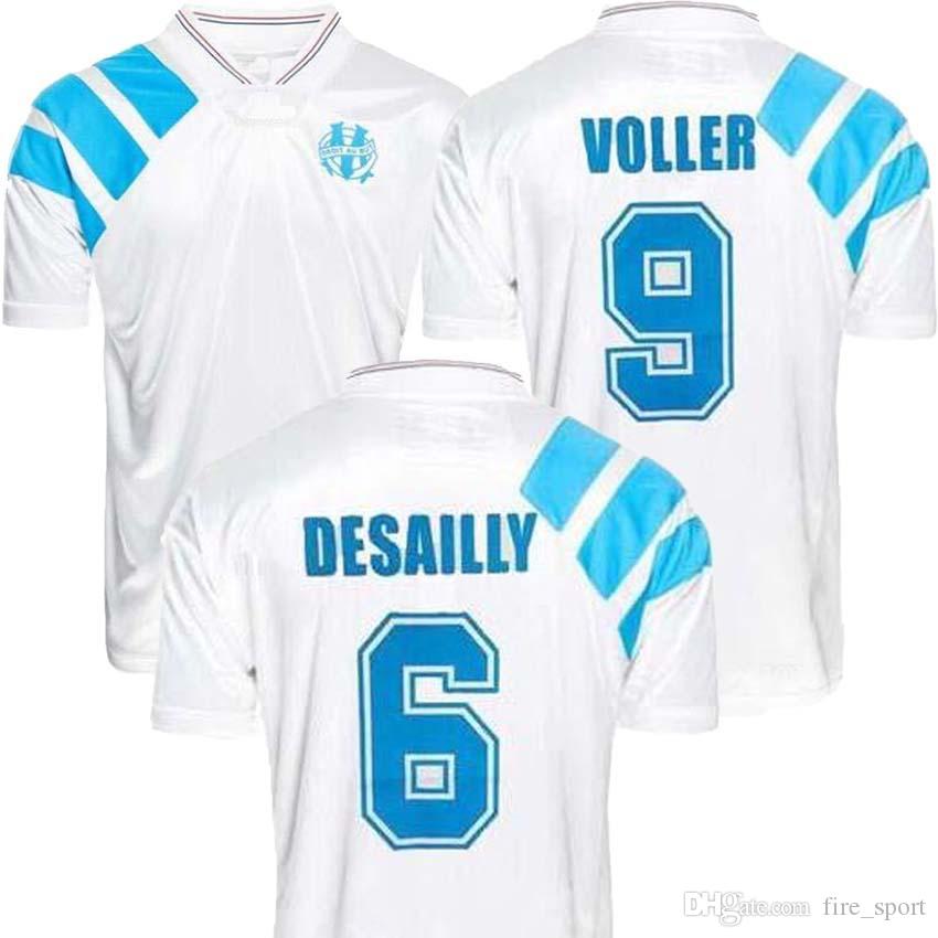 

1993 Olympique Marseille Retro Commemorate Football Shirt DESCHAMPS PAPIN BOLI DESAILLY Soccer Jersey VOLLER Marseille Football Jersey, Gray;blue