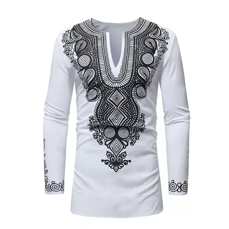 

2 Colors Adult Men Spring & Autumn African Wear Dashiki Print Split Neck Full Sleeves Clothes Slim Pullover Shirt Top For Male
