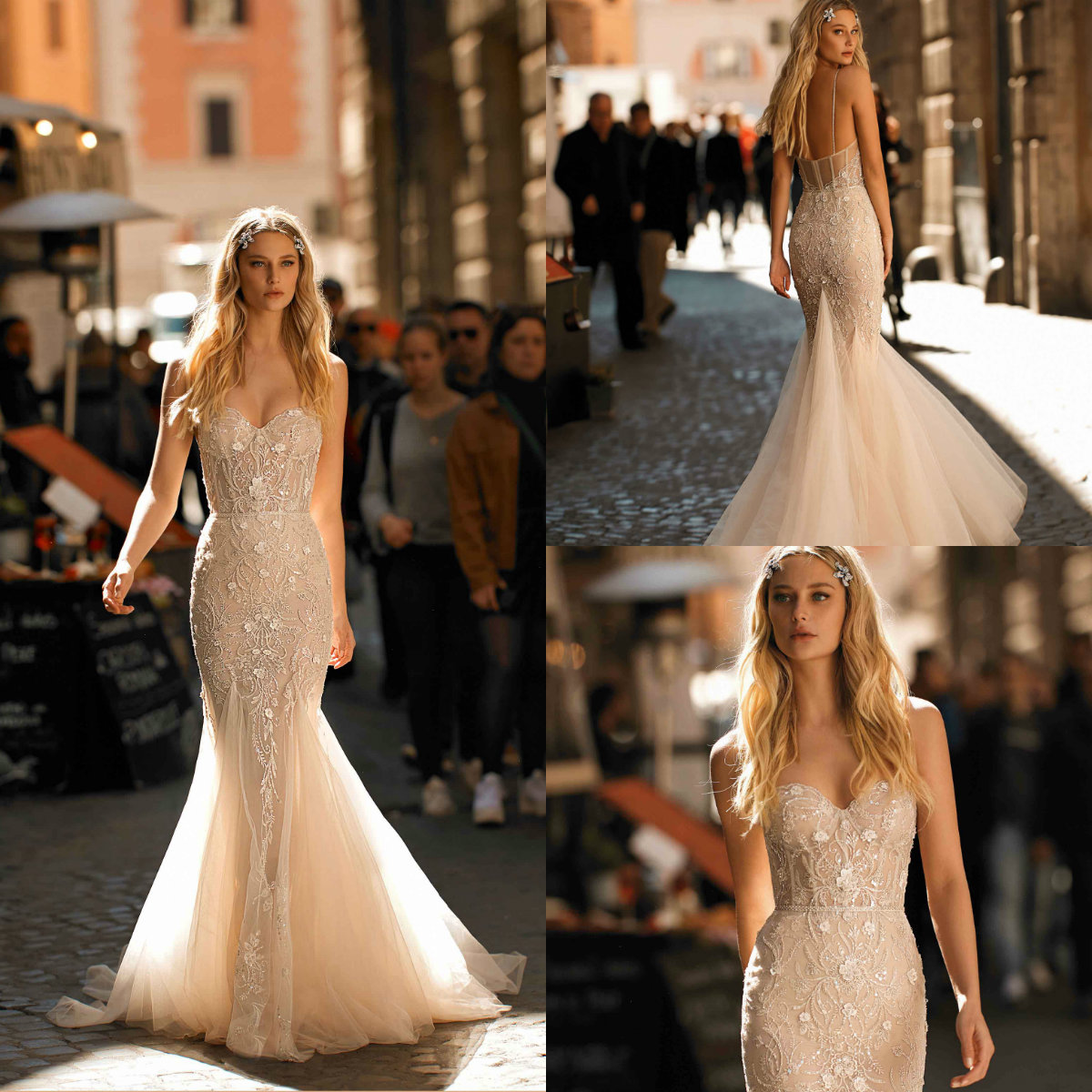 

Berta Wedding Dresses 2020 Sexy Spaghetti Lace 3D Floral Appliqued Custom Made Vestidos De Novia Sweep Train Mermaid Beach Wedding Gowns, Chocolate