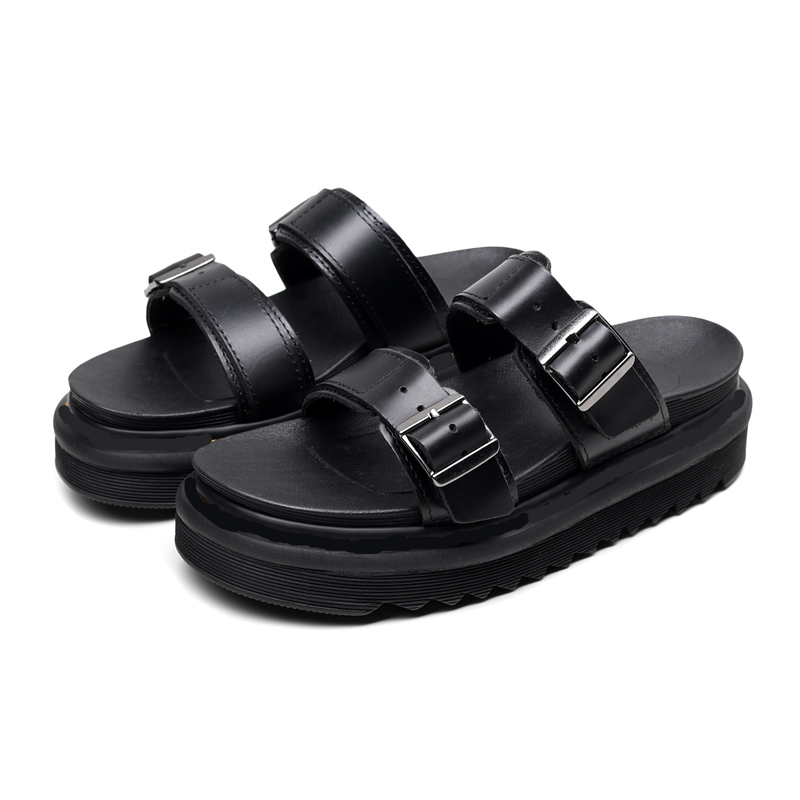 

Real leather summer designer slippers open toe fashion double buckle platform casual black wedge martins sandals size 35-40