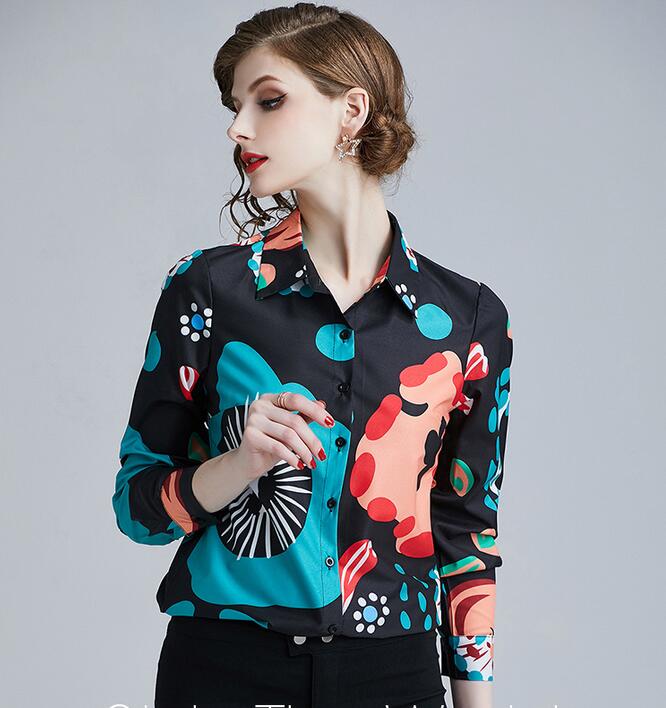 

Abstract print black blue women blouses Contrast color long sleeve lapel neck ladies shirts fashion printed top, Multi
