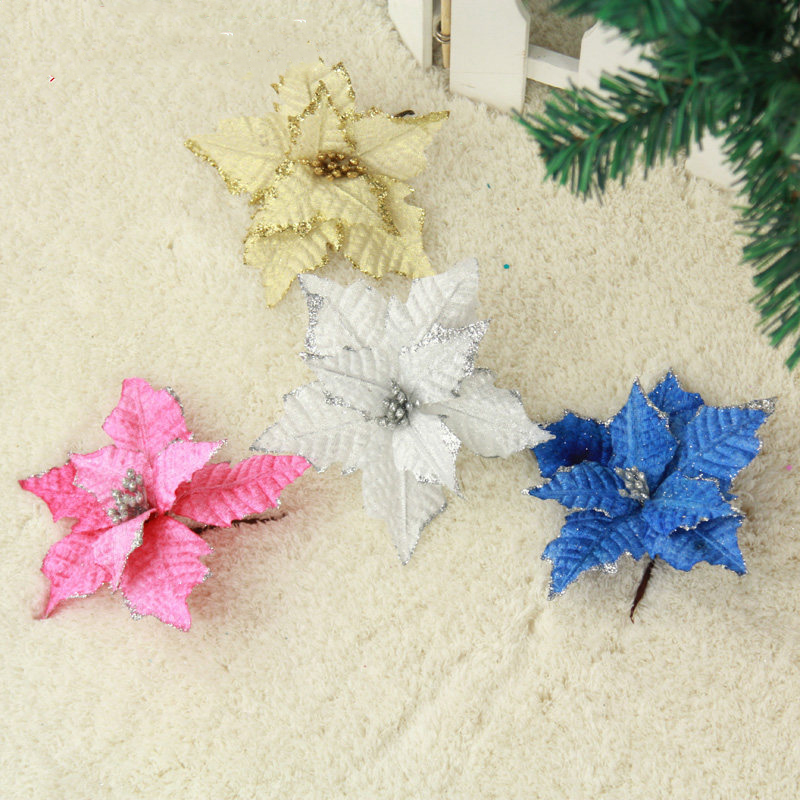 

10pcs DIY Cuttings Artificial Flannelette Flowers Glitter Poinsettia home Ornament Festivals Christmas Tree Decor Party Supplies