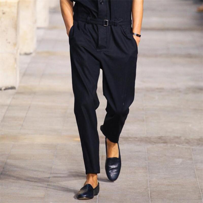 

Korean Fashion Men Jumpsuits Cargo Casual Streetwear Overalls Pencil Pants Slim Fit Long Sleeve One Piece Jumpsuit, Black