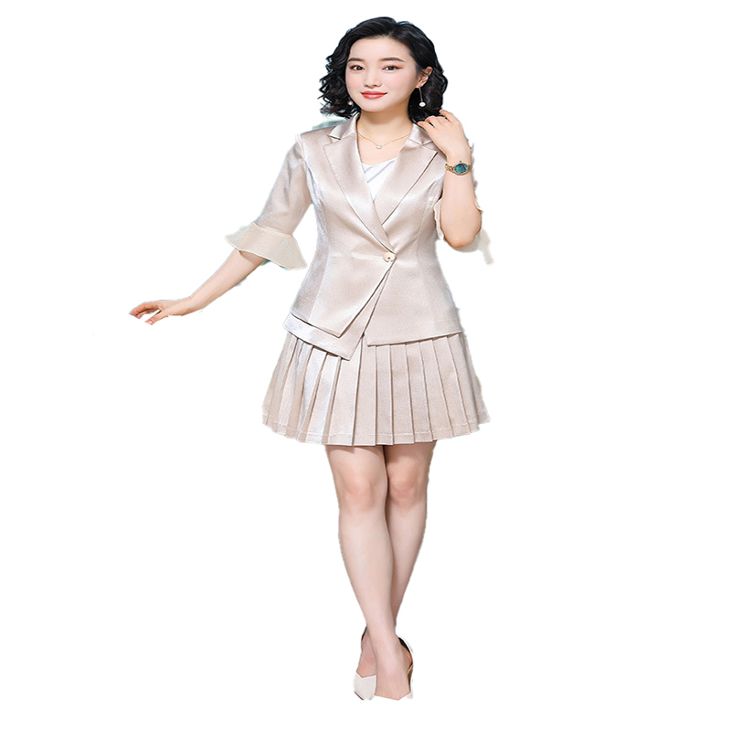 

New 2020 Summer Women' Elegant Formall Pleated Skirt Suit Set Blazer Skirt Set Office Uniforms Work Wear for Ladies Two Pieces, Pink skirt set
